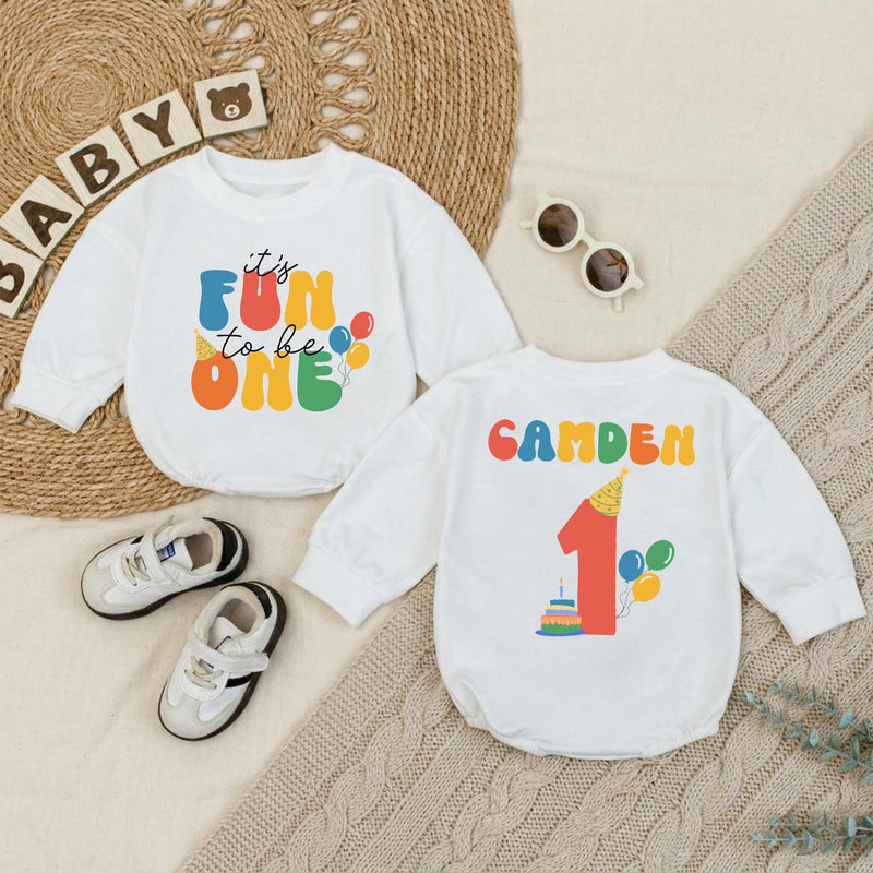 Personalized Baby Boy First Birthday Romper, It's Fun to Be One Outfit with Name, Party Hat and Balloons Design, Cake Smash Celebration Wear