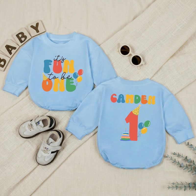 Personalized Baby Boy First Birthday Romper, It's Fun to Be One Outfit with Name, Party Hat and Balloons Design, Cake Smash Celebration Wear