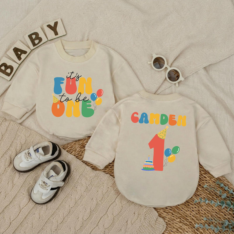 Personalized Baby Boy First Birthday Romper, It's Fun to Be One Outfit with Name, Party Hat and Balloons Design, Cake Smash Celebration Wear