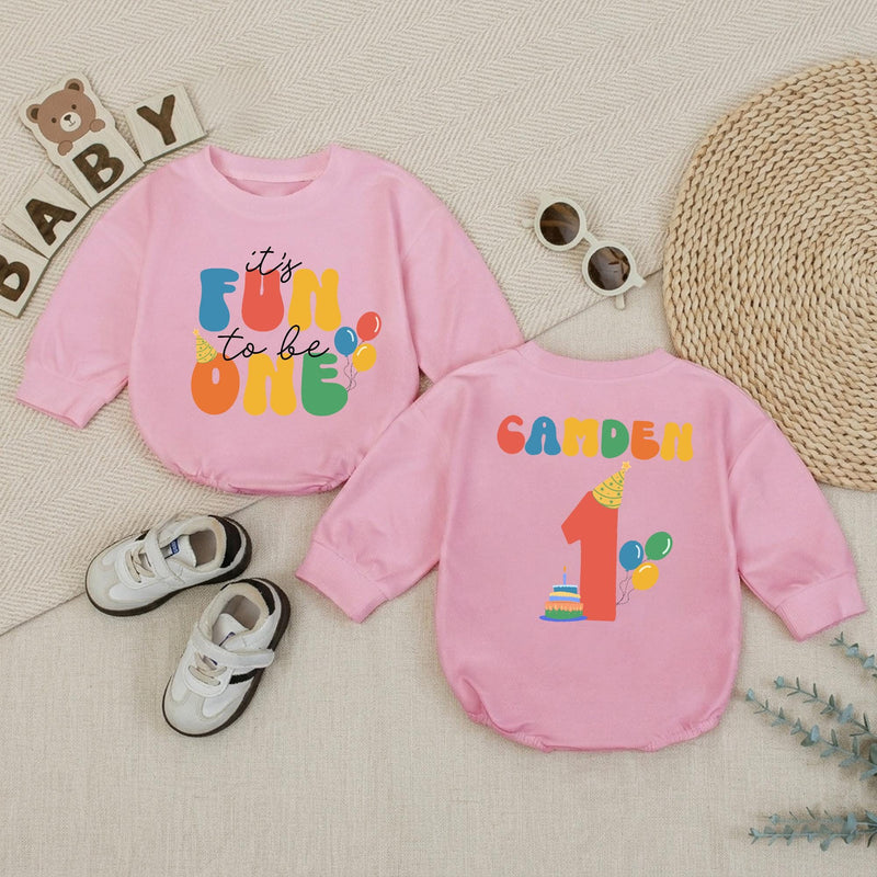 Personalized Baby Boy First Birthday Romper, It's Fun to Be One Outfit with Name, Party Hat and Balloons Design, Cake Smash Celebration Wear