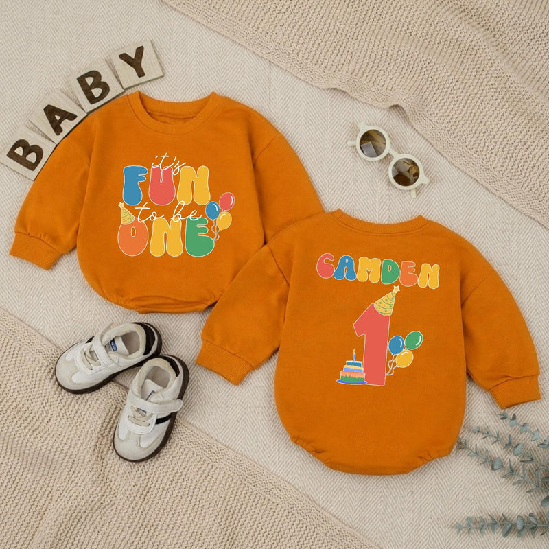 Personalized Baby Boy First Birthday Romper, It's Fun to Be One Outfit with Name, Party Hat and Balloons Design, Cake Smash Celebration Wear