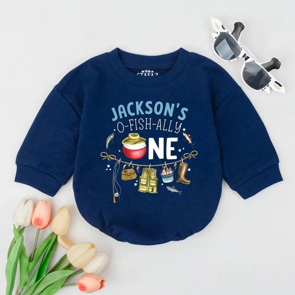 Personalized Baby Boy Fishing Birthday Romper with Custom Name O-Fish-Ally One Outfit First Birthday Gift Soft Cotton Clothes