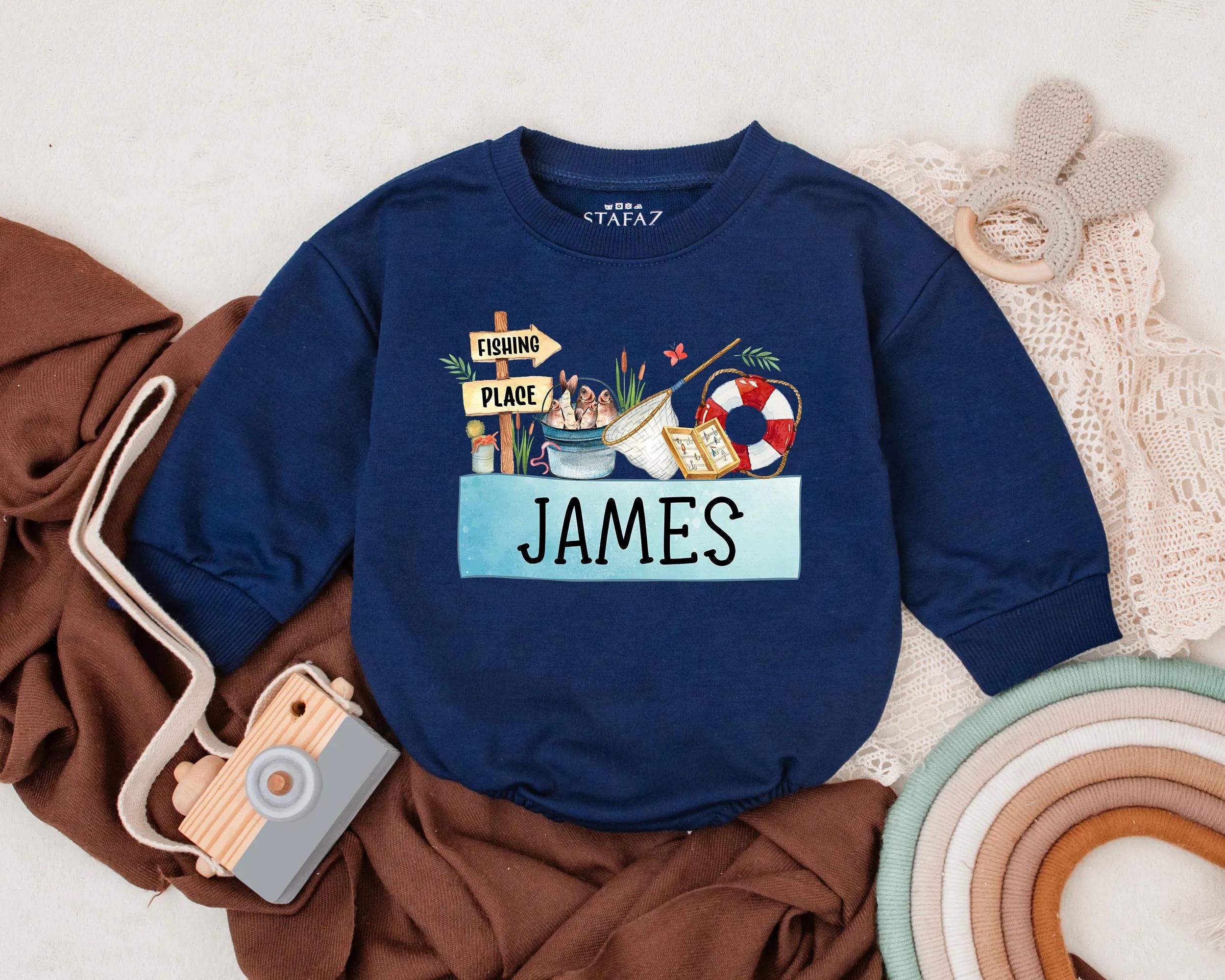 Personalized Baby Boy Fishing Romper Custom Summer Toddler Outfit with James Name Pastel Fish Theme Soft Playful Outdoor Babywear