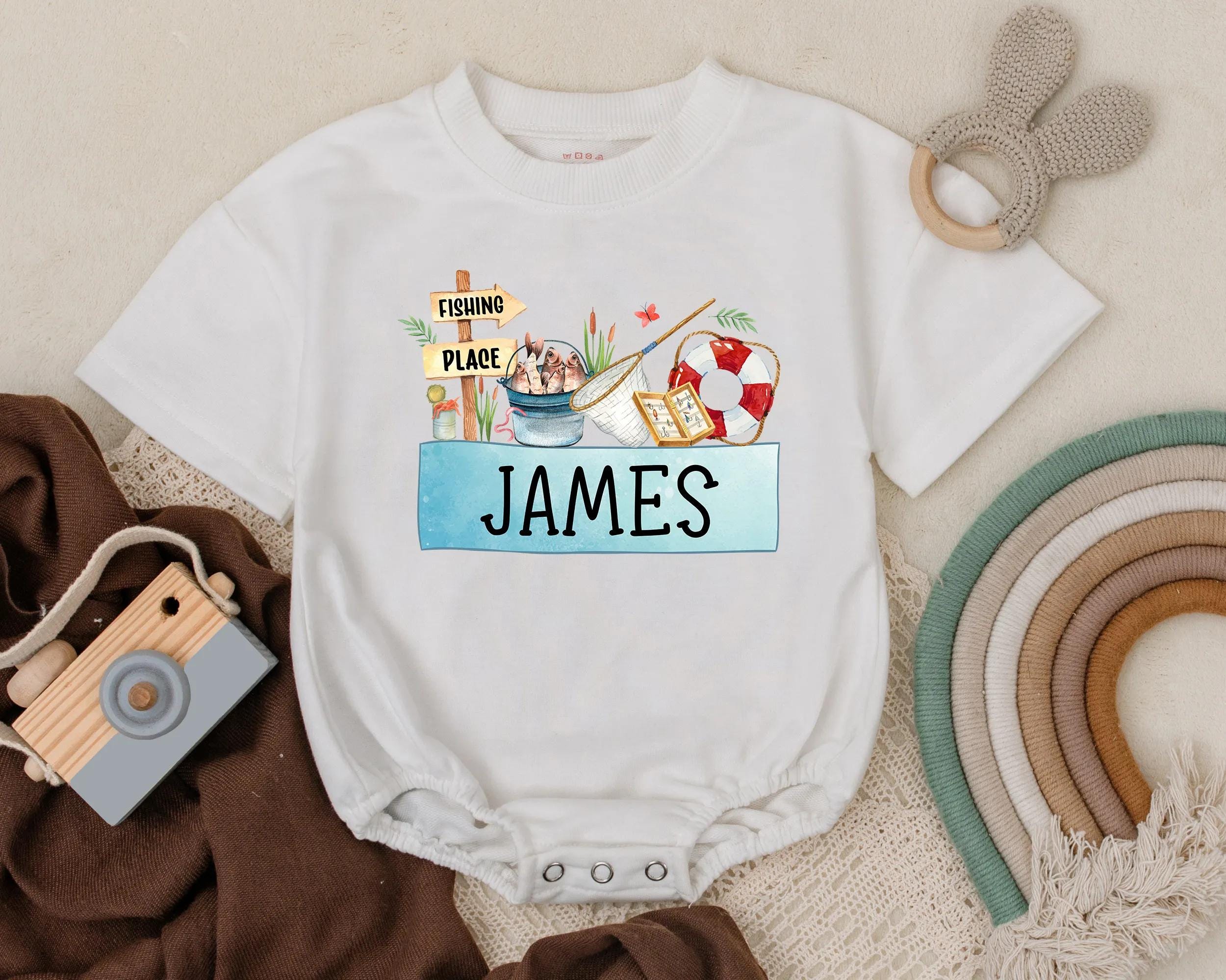 Personalized Baby Boy Fishing Romper Custom Summer Toddler Outfit with James Name Pastel Fish Theme Soft Playful Outdoor Babywear