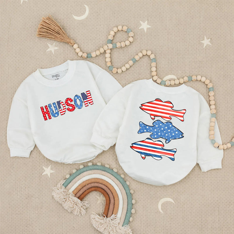 Personalized Baby Boy Fourth of July Romper with USA Bass Fish Design Patriotic Red White Blue Outfit, Soft Cotton Summer Gift