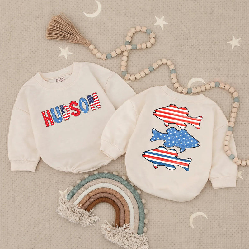 Personalized Baby Boy Fourth of July Romper with USA Bass Fish Design Patriotic Red White Blue Outfit, Soft Cotton Summer Gift