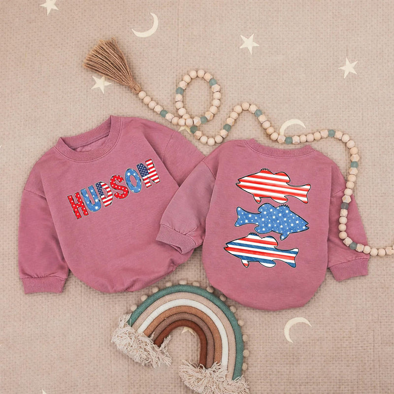 Personalized Baby Boy Fourth of July Romper with USA Bass Fish Design Patriotic Red White Blue Outfit, Soft Cotton Summer Gift