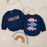 Personalized Baby Boy Fourth of July Romper with USA Bass Fish Design Patriotic Red White Blue Outfit, Soft Cotton Summer Gift