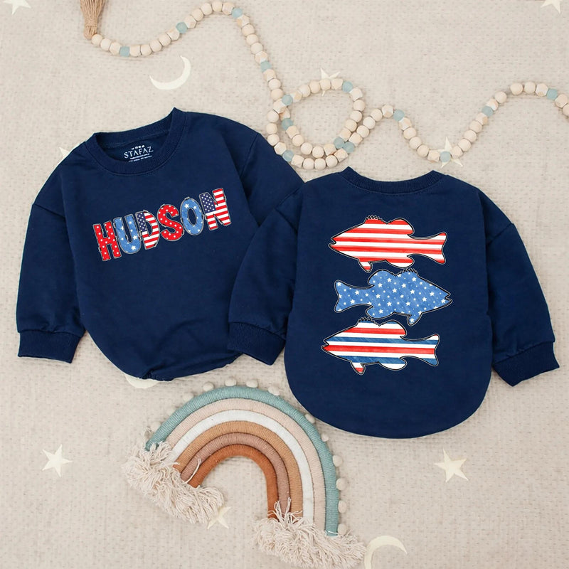 Personalized Baby Boy Fourth of July Romper with USA Bass Fish Design Patriotic Red White Blue Outfit, Soft Cotton Summer Gift