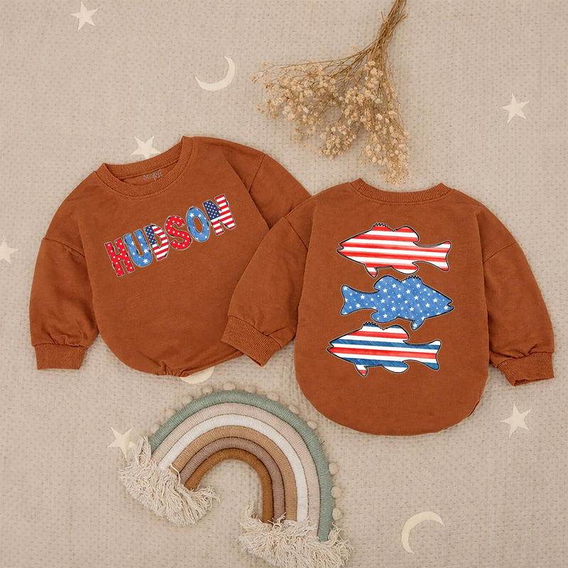 Personalized Baby Boy Fourth of July Romper with USA Bass Fish Design Patriotic Red White Blue Outfit, Soft Cotton Summer Gift