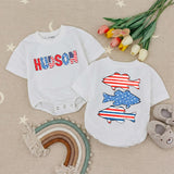 Personalized Baby Boy Fourth of July Romper with USA Bass Fish Design Patriotic Red White Blue Outfit, Soft Cotton Summer Gift