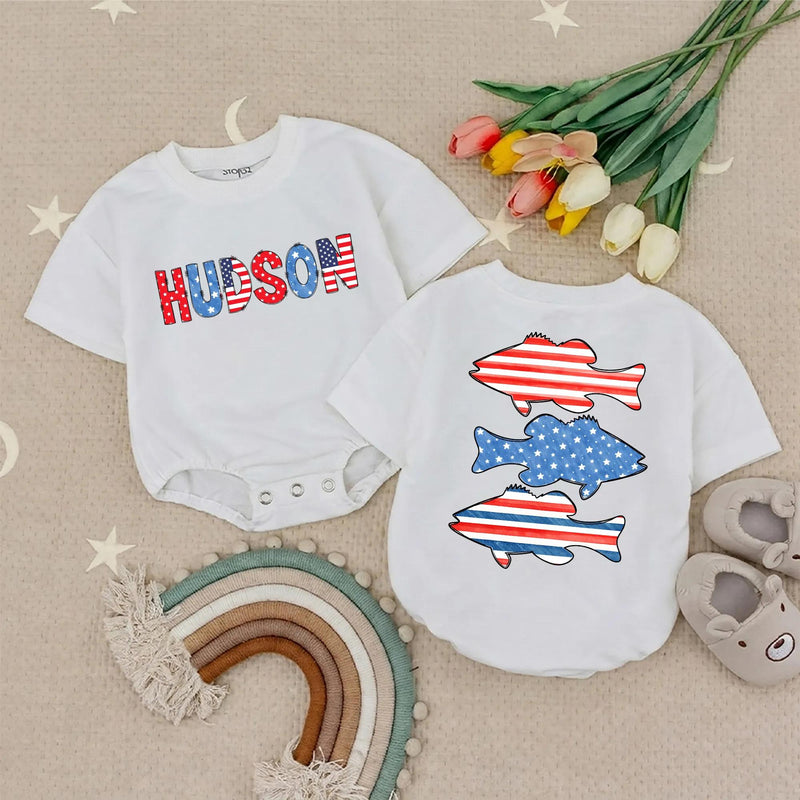 Personalized Baby Boy Fourth of July Romper with USA Bass Fish Design Patriotic Red White Blue Outfit, Soft Cotton Summer Gift