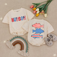 Personalized Baby Boy Fourth of July Romper with USA Bass Fish Design Patriotic Red White Blue Outfit, Soft Cotton Summer Gift
