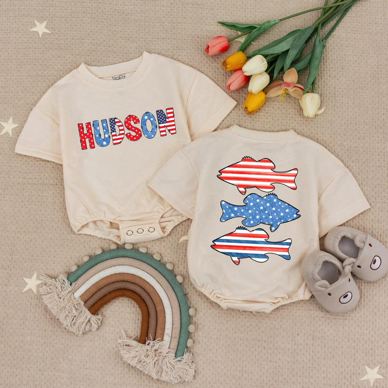Personalized Baby Boy Fourth of July Romper with USA Bass Fish Design Patriotic Red White Blue Outfit, Soft Cotton Summer Gift