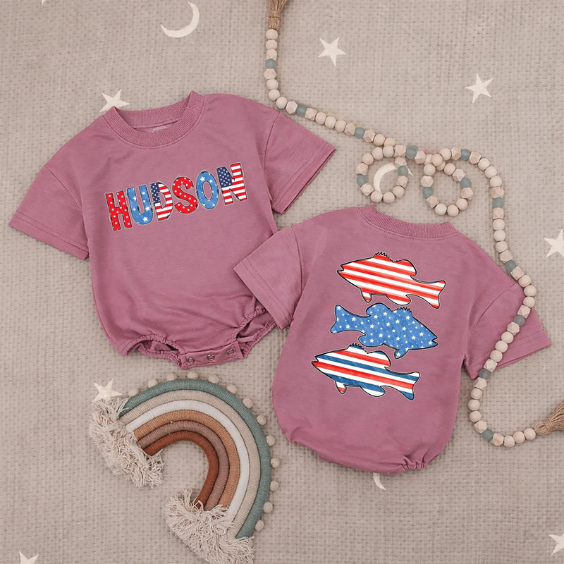 Personalized Baby Boy Fourth of July Romper with USA Bass Fish Design Patriotic Red White Blue Outfit, Soft Cotton Summer Gift