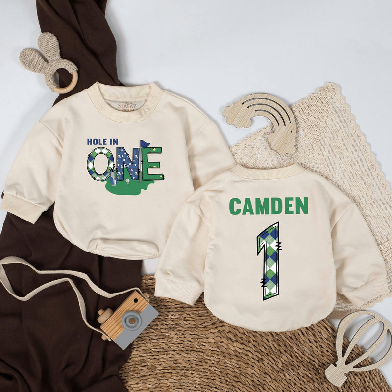 Personalized Baby Boy Golf Birthday Romper with Argyle Pattern, Hole in One First Birthday Outfit, Custom Name and Number Design