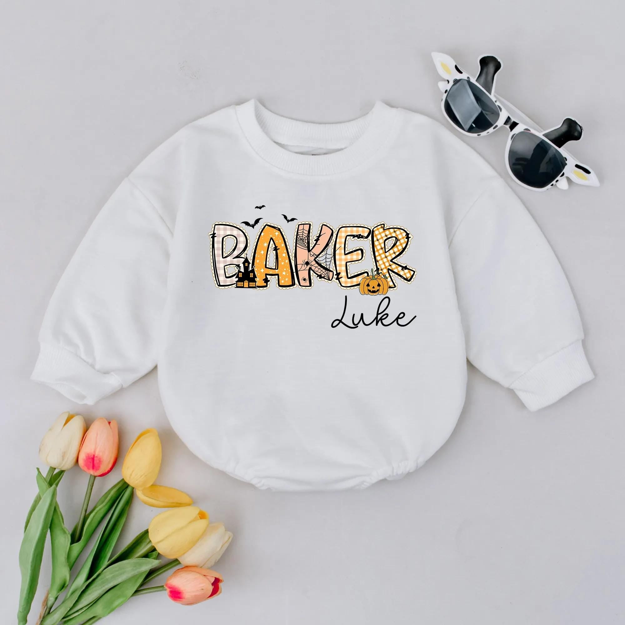 Personalized Baby Boy Halloween Romper Playful Baker Design with Witch Hat Pumpkin Face Festive Infant Outfit Custom Name Luke Gift