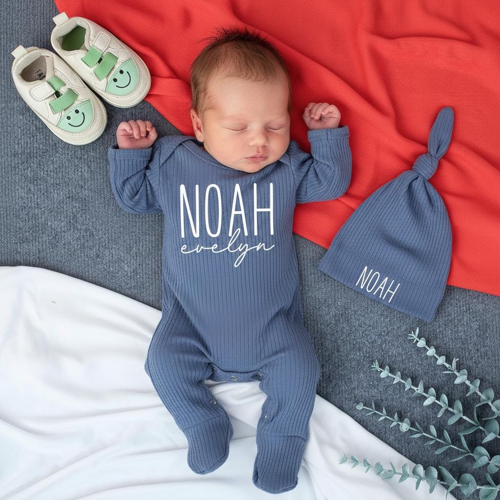 Personalized Baby Boy Name Bodysuit and Hat Set Noah Evelyn Minimalist Outfit for Newborn Hospital or Coming Home Gift Soft Cotton Design