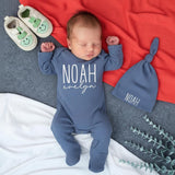 Custom Baby Name Long Sleeve Ribbed Bodysuit and Hat Set for Newborn Boys, Soft Cotton Coming Home Outfit, Personalized Infant Gift