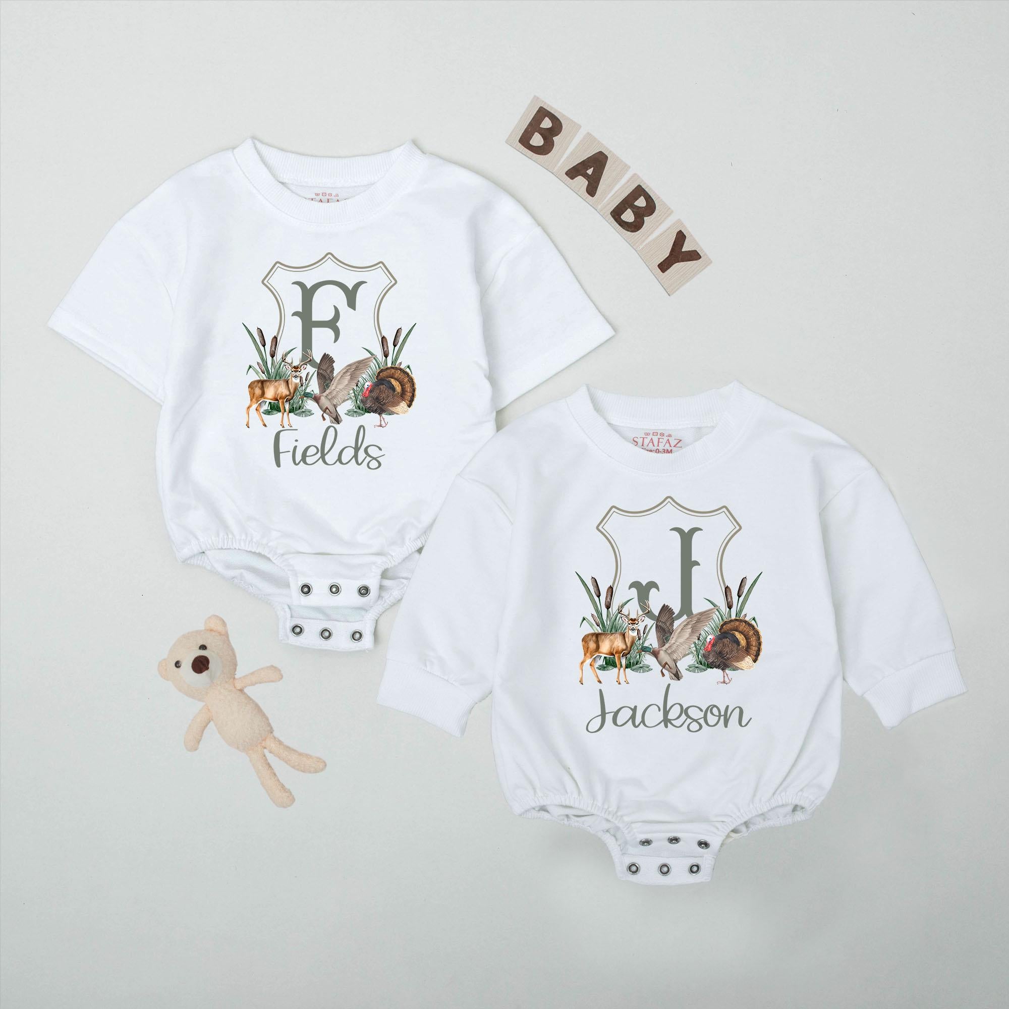 Personalized Baby Boy Romper with Deer Duck Turkey Design, Rustic Outdoor Bodysuit, Custom Name Gift for Baby Shower or First Birthday
