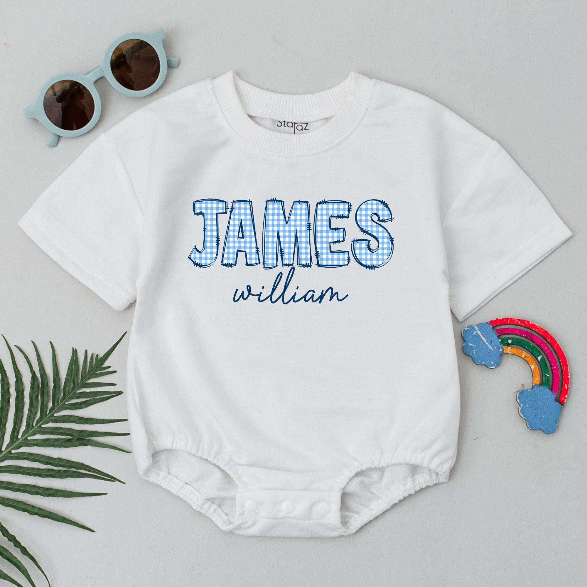 Personalized Baby Boy Romper with Gingham Name Design James William Cake Smash Outfit Custom Cotton Baby Outfit for Birthdays or Photos
