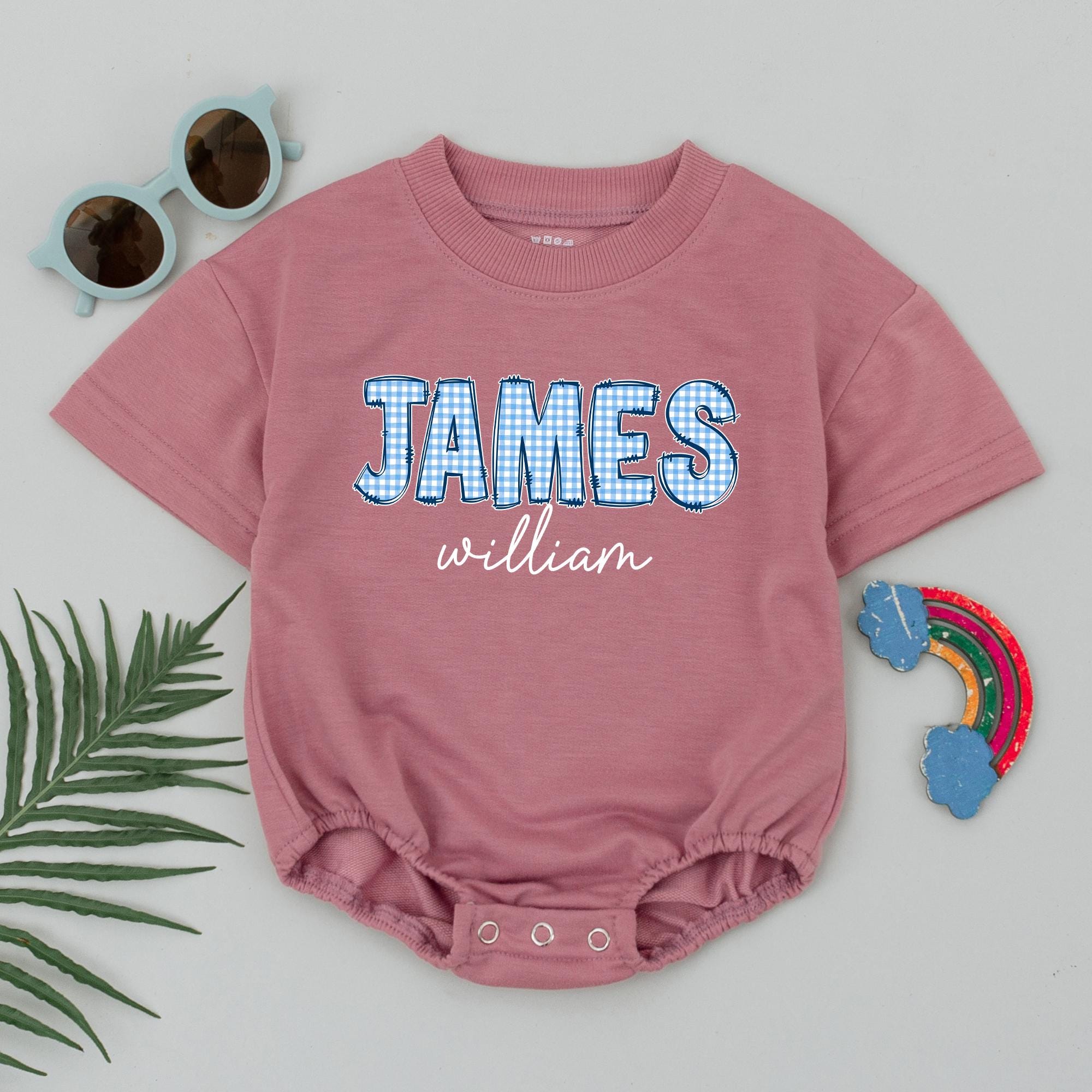 Personalized Baby Boy Romper with Gingham Name Design James William Cake Smash Outfit Custom Cotton Baby Outfit for Birthdays or Photos