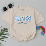 Custom Baby Boy Bubble Romper with Gingham Name Design, Soft Cotton Long Sleeve Outfit, Personalized First & Middle Name for Cake Smash
