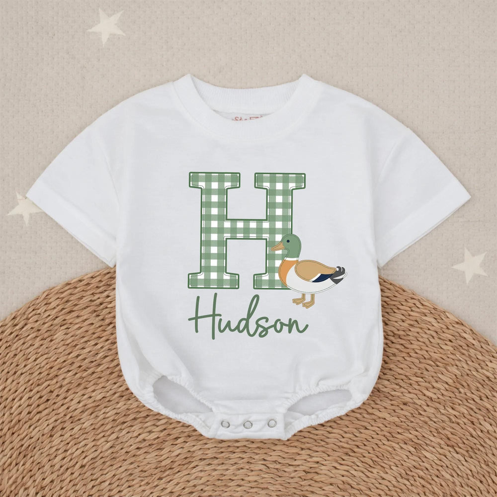 Personalized Baby Boy Romper with Mallard Duck Design, Hudson Name Gingham Monogram Outfit for Newborns, Soft Cotton Preppy Style Gift