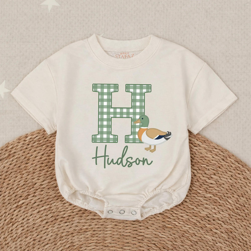 Personalized Baby Boy Romper with Mallard Duck Design, Hudson Name Gingham Monogram Outfit for Newborns, Soft Cotton Preppy Style Gift