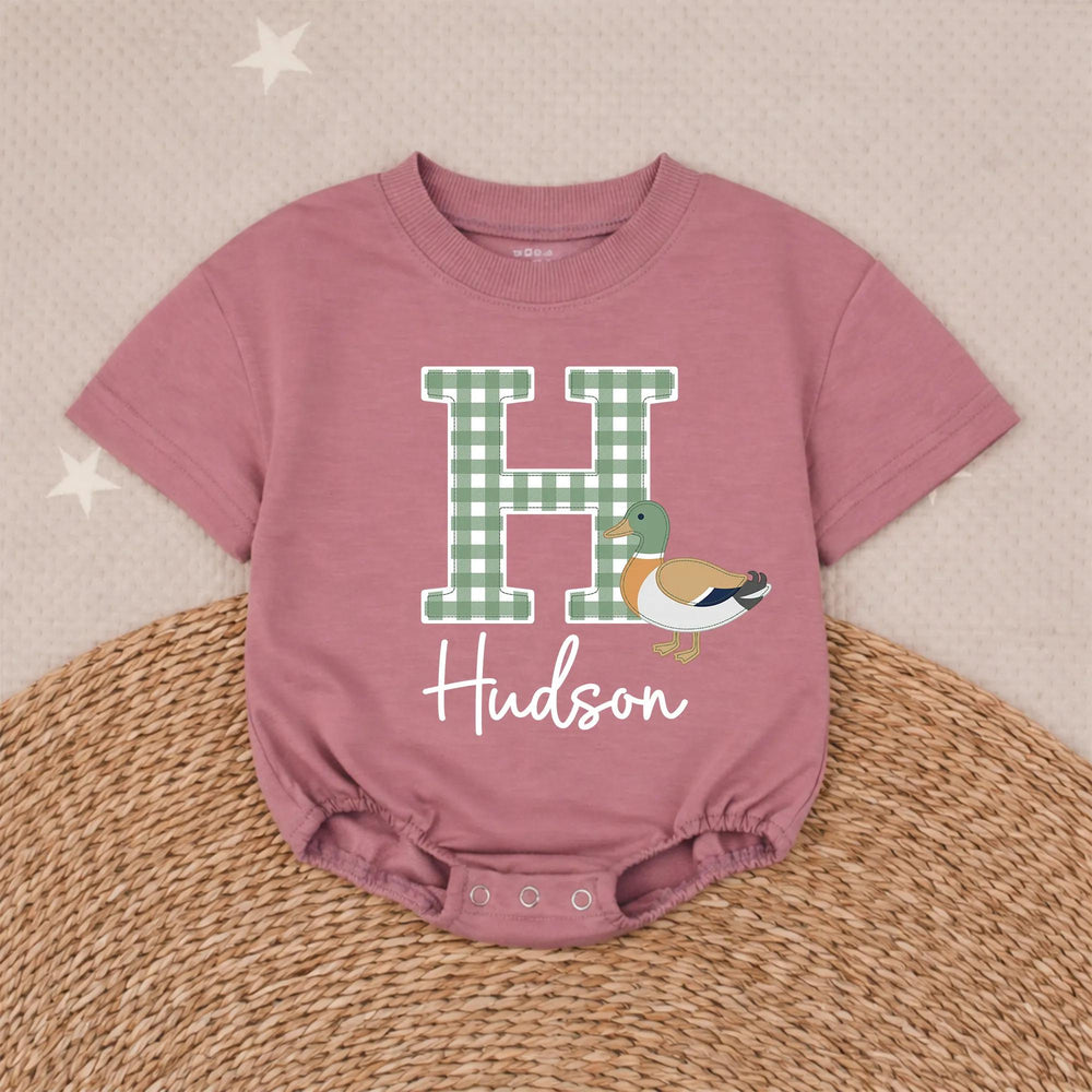 Personalized Baby Boy Romper with Mallard Duck Design, Hudson Name Gingham Monogram Outfit for Newborns, Soft Cotton Preppy Style Gift