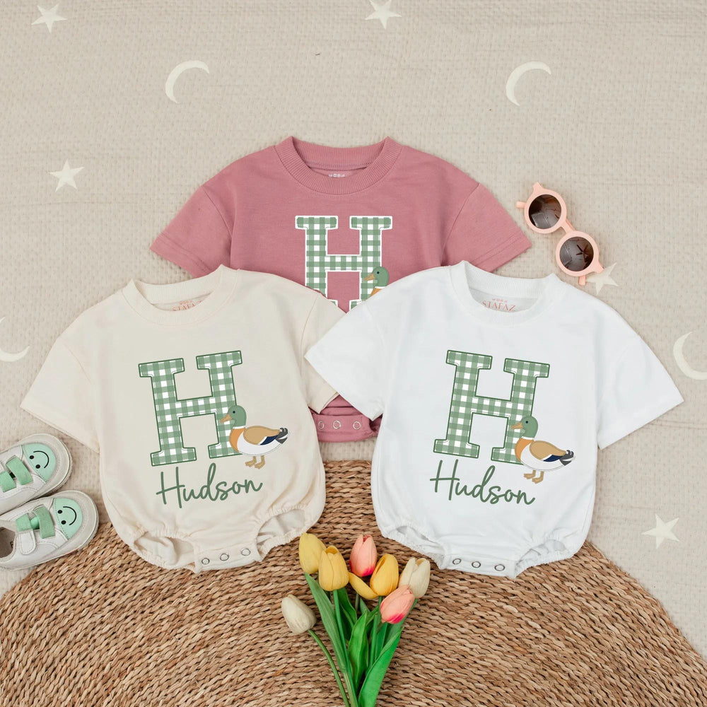 Personalized Baby Boy Romper with Mallard Duck Design, Hudson Name Gingham Monogram Outfit for Newborns, Soft Cotton Preppy Style Gift
