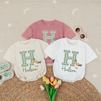 Personalized Baby Boy Romper with Mallard Duck Design, Hudson Name Gingham Monogram Outfit for Newborns, Soft Cotton Preppy Style Gift