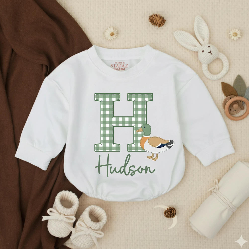 Personalized Baby Boy Romper with Mallard Duck Design, Hudson Name Gingham Monogram Outfit for Newborns, Soft Cotton Preppy Style Gift