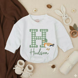 Personalized Baby Boy Romper with Mallard Duck Design, Hudson Name Gingham Monogram Outfit for Newborns, Soft Cotton Preppy Style Gift