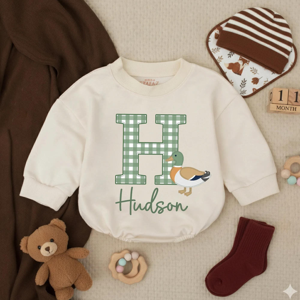 Personalized Baby Boy Romper with Mallard Duck Design, Hudson Name Gingham Monogram Outfit for Newborns, Soft Cotton Preppy Style Gift
