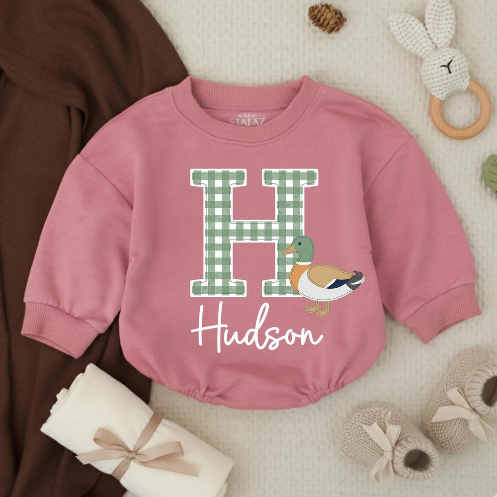 Personalized Baby Boy Romper with Mallard Duck Design, Hudson Name Gingham Monogram Outfit for Newborns, Soft Cotton Preppy Style Gift