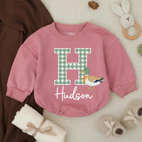 Personalized Baby Boy Romper with Mallard Duck Design, Hudson Name Gingham Monogram Outfit for Newborns, Soft Cotton Preppy Style Gift