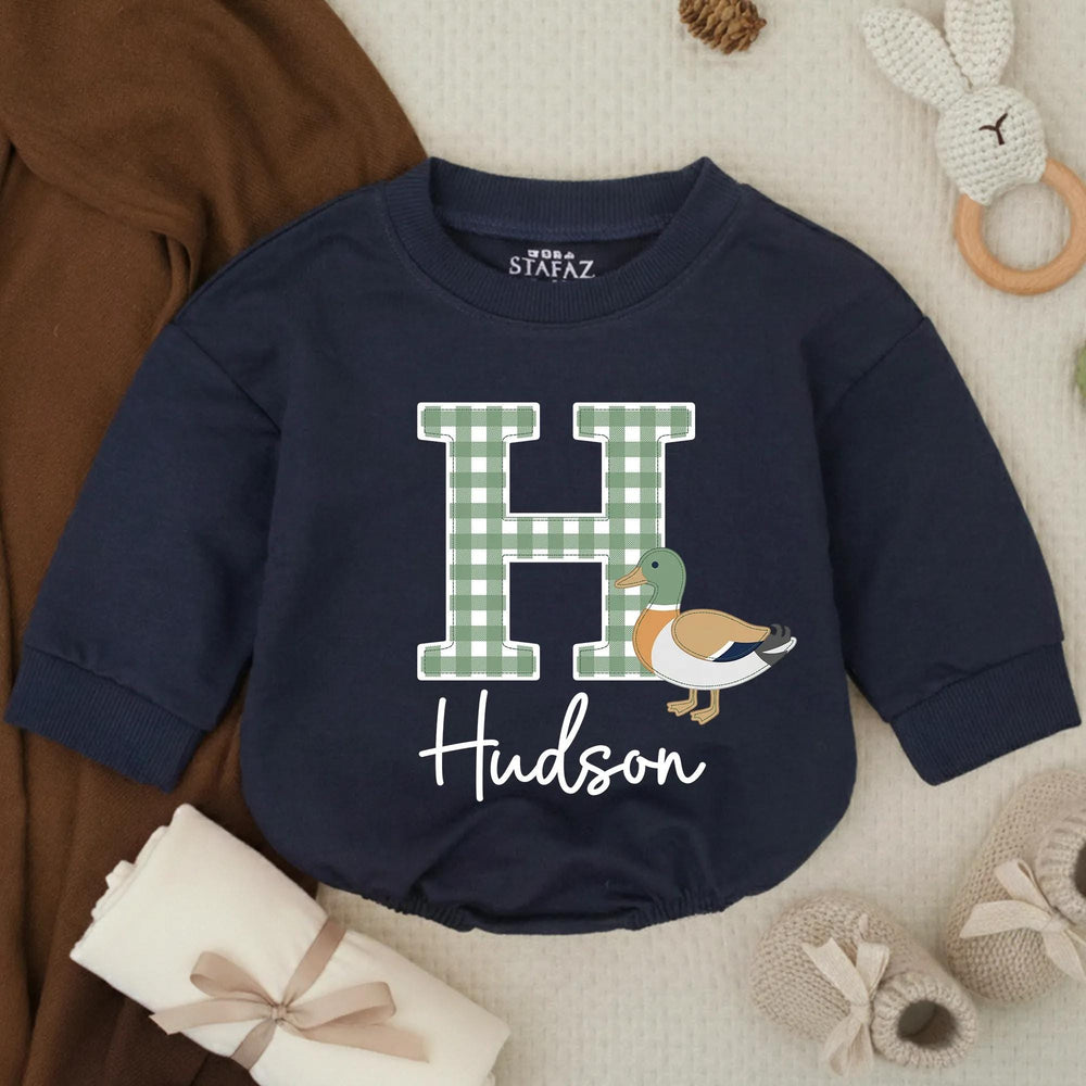 Personalized Baby Boy Romper with Mallard Duck Design, Hudson Name Gingham Monogram Outfit for Newborns, Soft Cotton Preppy Style Gift