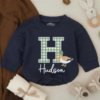 Personalized Baby Boy Romper with Mallard Duck Design, Hudson Name Gingham Monogram Outfit for Newborns, Soft Cotton Preppy Style Gift