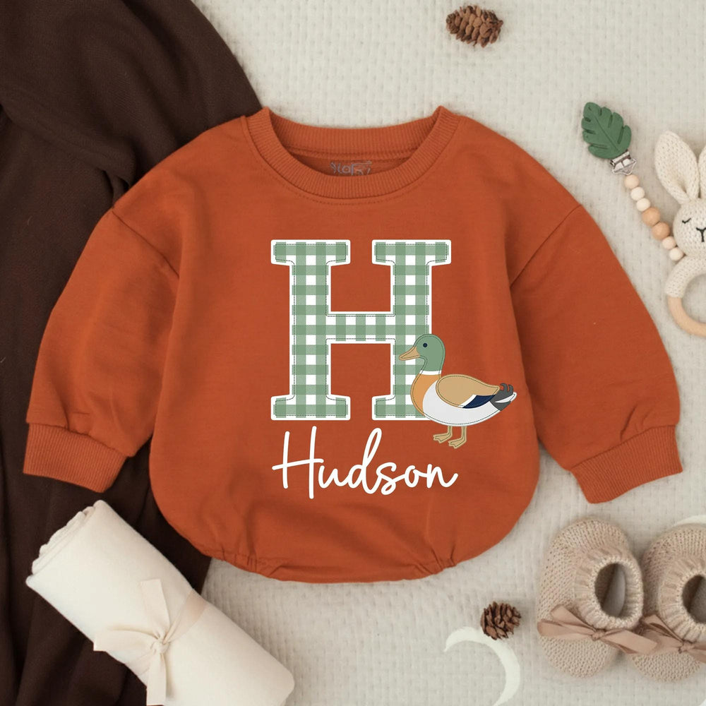 Personalized Baby Boy Romper with Mallard Duck Design, Hudson Name Gingham Monogram Outfit for Newborns, Soft Cotton Preppy Style Gift