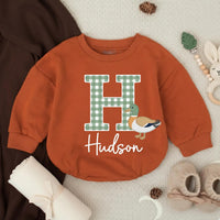 Personalized Baby Boy Romper with Mallard Duck Design, Hudson Name Gingham Monogram Outfit for Newborns, Soft Cotton Preppy Style Gift