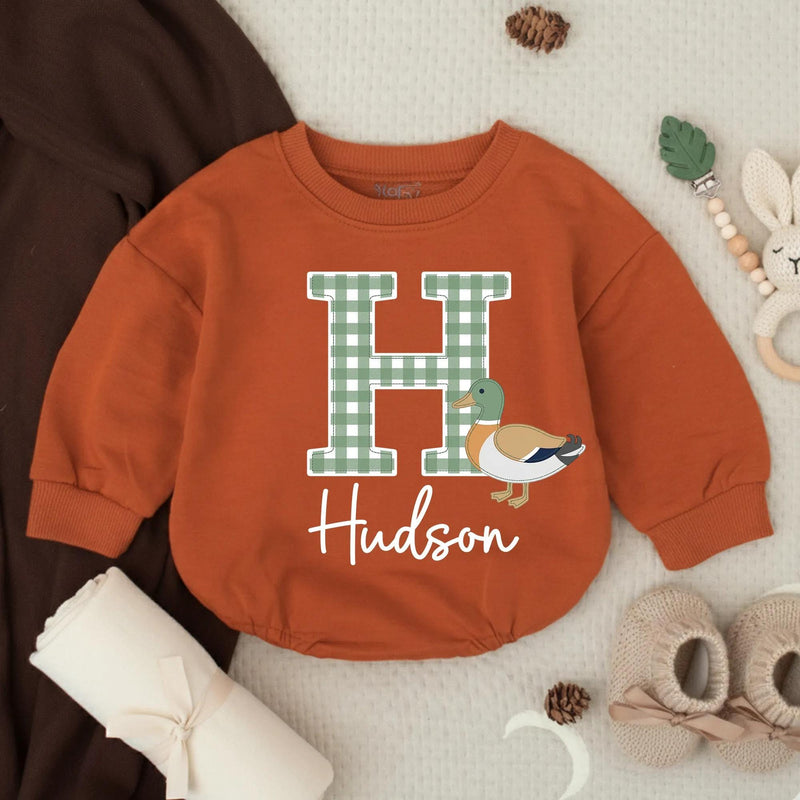 Personalized Baby Boy Romper with Mallard Duck Design, Hudson Name Gingham Monogram Outfit for Newborns, Soft Cotton Preppy Style Gift