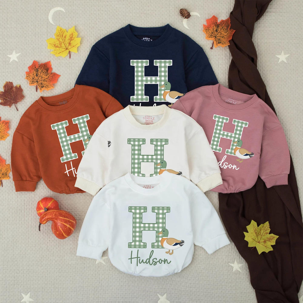 Personalized Baby Boy Romper with Mallard Duck Design, Hudson Name Gingham Monogram Outfit for Newborns, Soft Cotton Preppy Style Gift