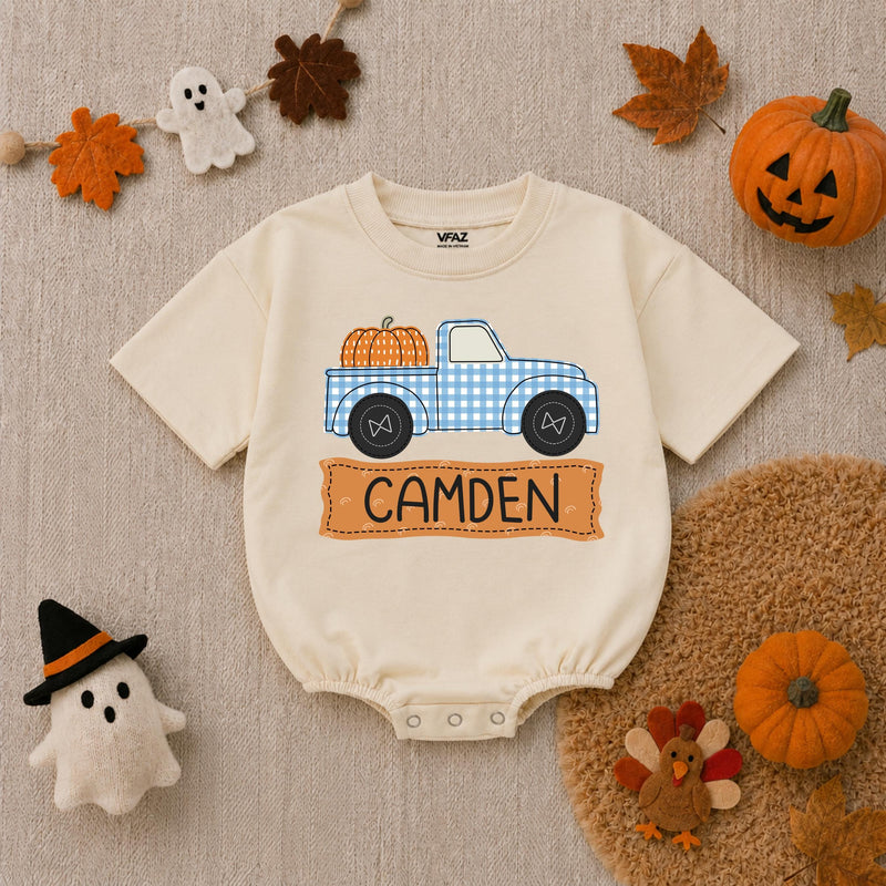 Personalized Baby Boy Romper with Pumpkin Truck Design Custom Name Fall Outfit Soft Cotton Thanksgiving Infant Bodysuit Blue Gingham