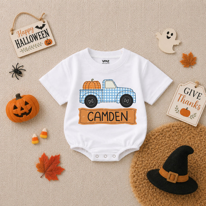 Personalized Baby Boy Romper with Pumpkin Truck Design Custom Name Fall Outfit Soft Cotton Thanksgiving Infant Bodysuit Blue Gingham