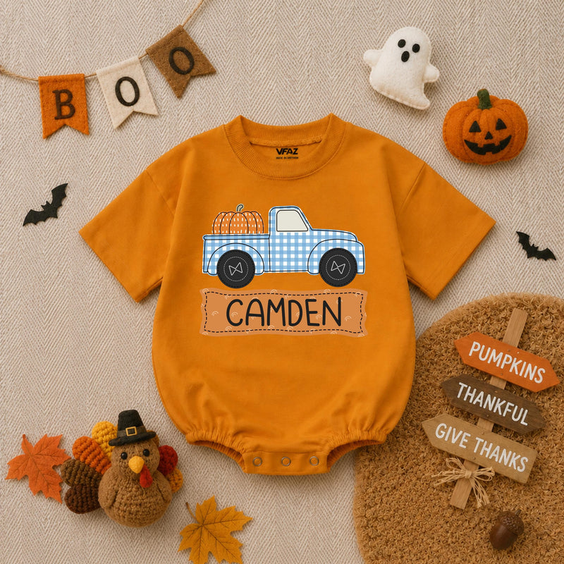 Personalized Baby Boy Romper with Pumpkin Truck Design Custom Name Fall Outfit Soft Cotton Thanksgiving Infant Bodysuit Blue Gingham