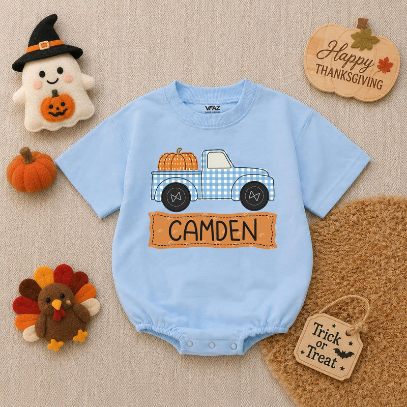 Personalized Baby Boy Romper with Pumpkin Truck Design Custom Name Fall Outfit Soft Cotton Thanksgiving Infant Bodysuit Blue Gingham