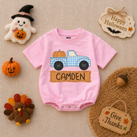 Personalized Baby Boy Romper with Pumpkin Truck Design Custom Name Fall Outfit Soft Cotton Thanksgiving Infant Bodysuit Blue Gingham