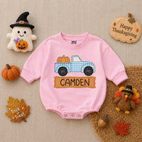 Personalized Baby Boy Romper with Pumpkin Truck Design Custom Name Fall Outfit Soft Cotton Thanksgiving Infant Bodysuit Blue Gingham