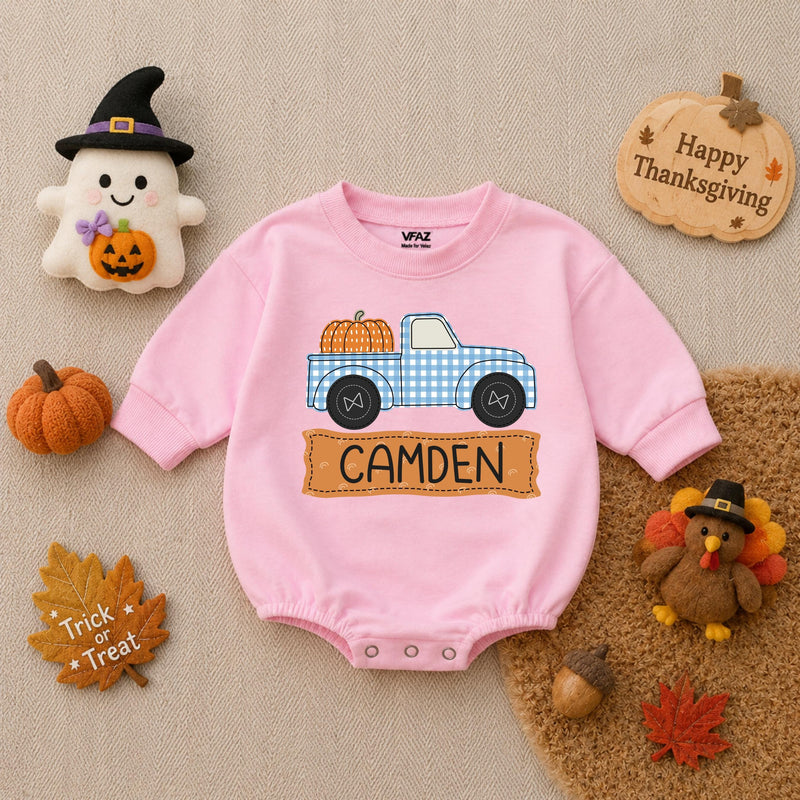 Personalized Baby Boy Romper with Pumpkin Truck Design Custom Name Fall Outfit Soft Cotton Thanksgiving Infant Bodysuit Blue Gingham
